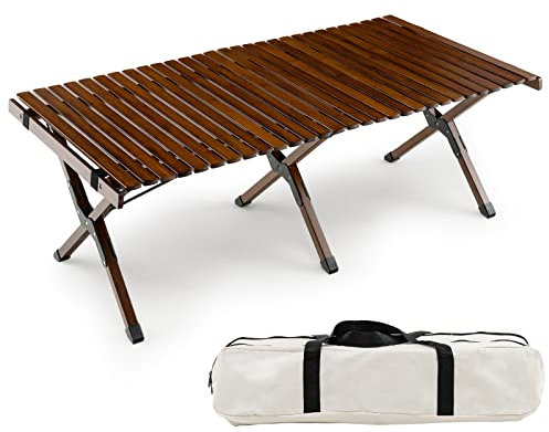 GYAMX Table de Camping Enroulable en Bambou, Table Pique-Nique Pliante avec Sac de Rangement, Table de Voyage Portable pour Intérieur et Extérieur (Brun Rustique)