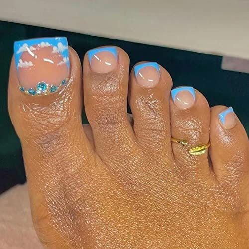 AKOFIC 24 Pièces Faux Ongles Pieds Court, French Press on Toenails Faux Ongle de Pied à Coller, Couverture Complète Ongles de Pied Artificiels pour Salons de Manucure et DIY Nail Art