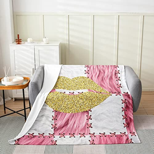 Plaid Polaire Cuw Fur Gold Lips Boys Bedkiss Glitter Rose Cowgirl Plaid Grille Couverture en Flanelle Douce Personnalisée Couvre Lit, pour Canapé, Lit, 150x200cm