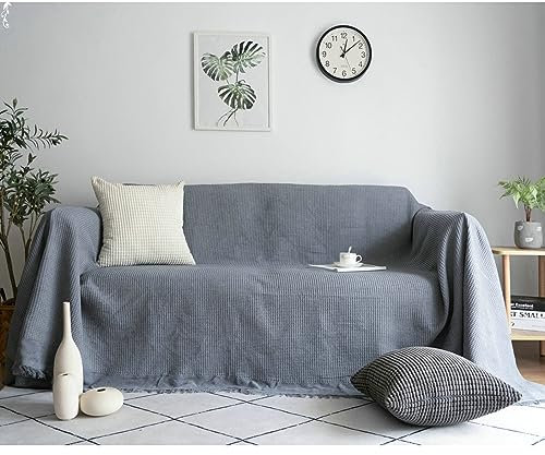 Mesnt Sofahusse 2 Sitzer, Dunkelgrau Couchschutz für Haustiere Einfarbig mit Quasten aus Baumwolle, 230x250CM