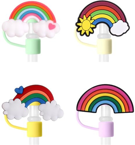 4 PCs Amreich Straw Cover Cap for Stanley and Yeti 30&40 oz Cups - Silicone Cute Topper for 10mm Straws, Rainbow Design