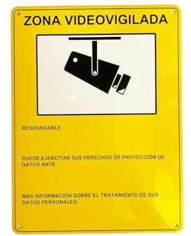 EL UNICO EN ALUMINIO LACADO Y ADHESIVO 3M.Proteccion de datos modelo Oficial 2024 Cartel Zona Videovigilada El cartel definitivo. Color amarillo. Resistente Luz e intemperie .Videovigilancia 28X21CM