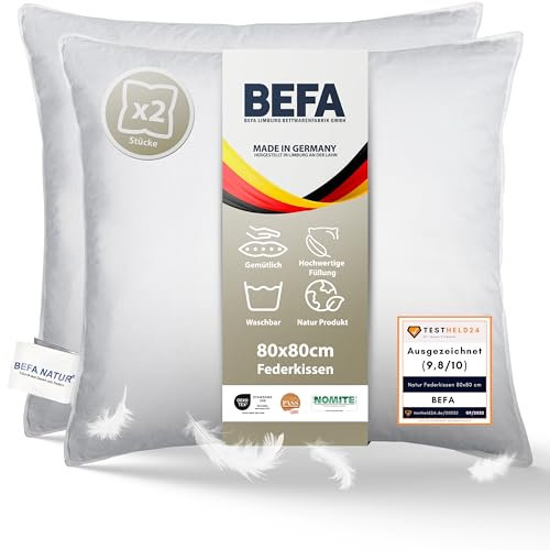 BEFA NATUR Made in Germany extra festes Federkissen 80x80 cm, Allergiker geeignet (Nomite), Öko-Text 100 Klasse 1 Zertifiziert, EN Standart 12934, Downpass (2 Stück)
