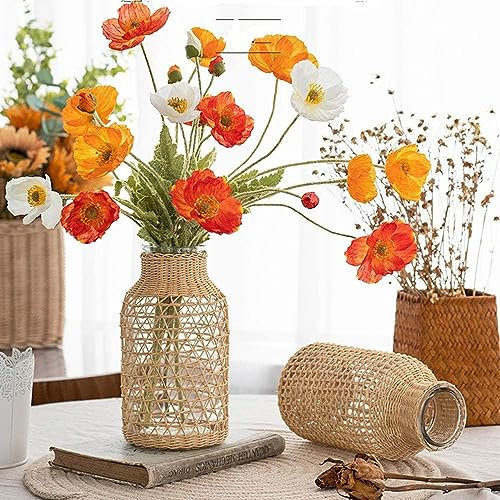 Dytabepl Stroh Glas Blumen Vase Japanischer Blumen Topf im Nordisch Vertraglich Vereinbarten Kreativen Blumen Korb für Wasser Pflanzen (10.5 * 20 * 7CM)