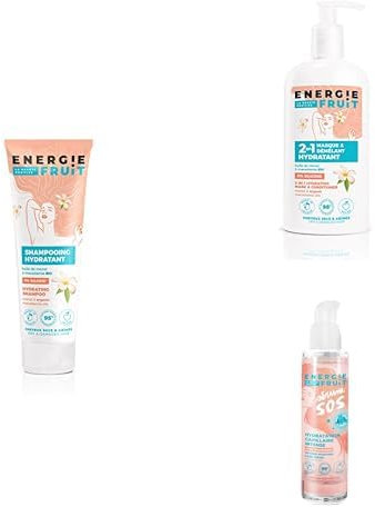 Energie Fruit - NEW Routine Capillaire Réhydratante pour Cheveux Secs Déshydratés - Shampooing + Masque + Sérum Sans Rinçage - Monoi et Acide Hyaluronique - 3 produits