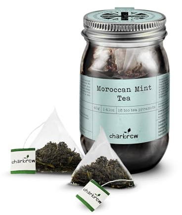 Charbrew Moroccan Mint - 16 Mesh Fine Tea Pyramid Tea Bags in Mason Jar | String & Tag in Reusable Glass Mason Jar, Premium Green Tea Blend with Peppermint Leaf