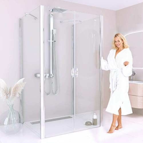BIJON Duschkabine U Form 100x75 Dreiseitig Klarglas | Dusche Uform Duschkabine 100x75x195 cm - Nano, Lotuseffekt, Duschkabine 3 Seitig mit Pendeltür, Duschabtrennung ECHT-Glas