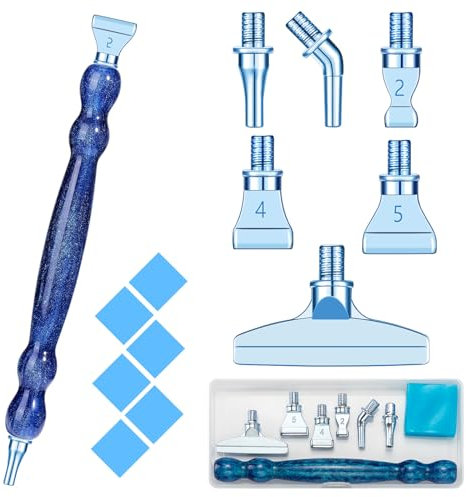 Snewvie Diamond Art Painting Pen Accessories Tools Set,1Pcs Ergonomic Resin Diamond Drill Pen and 6Pcs Blue Stainless Steel Metal Screw Thread Multi Placer Tips and 6 Glue Clay