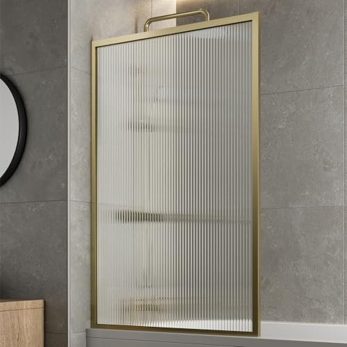 LUXURA® Brushed Brass Square Framed Fluted Over Bath Shower Screen 6mm Toughened Safety Glass Panels 800mm Bathroom Reversible Screen