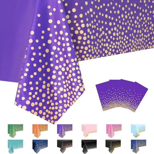 MORAINJAY 4 Stück Dunkelviolett und Gold Party Rechteckig Tischdecke, 137x274cm Dot Confetti Wasserdicht Fleckschutz Tischdecken für Geburtstagsfeier, Hochzeit, Weihnachten, Kindergeburtstag