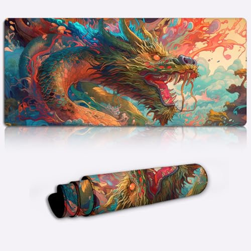 Tapis de Souris pour Clavier Dragon Chinois XL Grand Tapis de Souris (31,5 x 11,8 x 0,12 Pouces) Grand Tapis de Souris étendu Tapis de Souris de Jeu étendu avec Bords Cousus