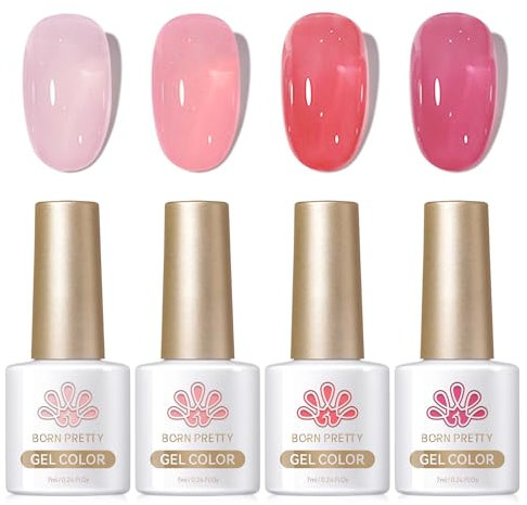 Born Pretty UV Nagellack Milky Jelly Milchig Nude Rosa - Gel Nagellack UV Natur Kristall Transparent UV Lack Rosy Aura Maniküre und Nagelkunst DIY zu Hause 4PCS