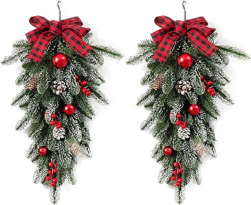 Weihnachtsgirlande in Tropfenform - Künstliche Girlande Mit Schleife, Rote Beeren, Winternadeln, Grüne Zedern für Innen- und Außenbereich, Wandtür, Hängende Dekoration (2 Stück)