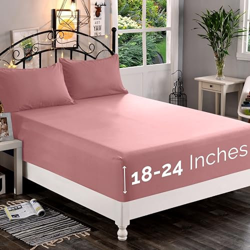 Elegant Comfort 1500 Premium Quality Fitted Sheet Ultra Soft 18-24 Inch Extra Deep Pocket - Single Fitted Sheet for High Mattress - Wrinkle Free with Smart Storage Pockets, Queen, Dusty Rose