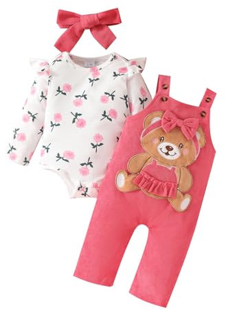 UUAISSO Vestiti per Neonate Top Floreali Tuta Orso Salopette Regolabile Tuta Set di Abiti Orso rosa 0-3 mesi