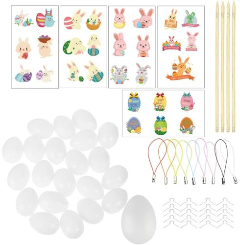 ASOENTIWOX Ostereier Bemalen zum Aufhängen, 25 Plastik Eier 6cm + 25 Ostereier Aufhänger + 25 Bambusspieße Spieße + 29 Kaninchen Aufkleber, Ostern Deko Set