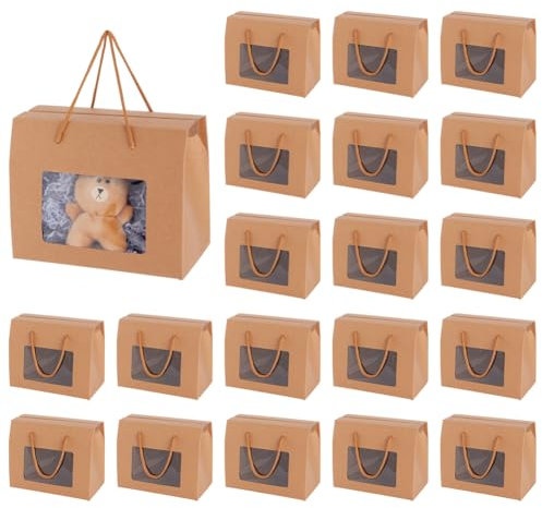 BENECREAT 20 paquete de Caja de Papel Kraft con Asas, Cajas de Regalo Marrones de 20x16x11cm con Ventana Transparente para Embalaje, Al Por Menor, Fiesta, Regalos, Boda, Negocio