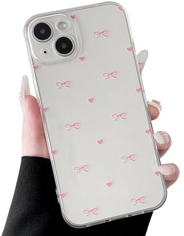 ZTOFERA Clear Case for iPhone 14, Cute Love Heart & Bowknot Pattern Design Aesthetic Transparent Phone Case Soft Flexible TPU Shockproof Protective Cover for Women Girls - Hot Pink Bow