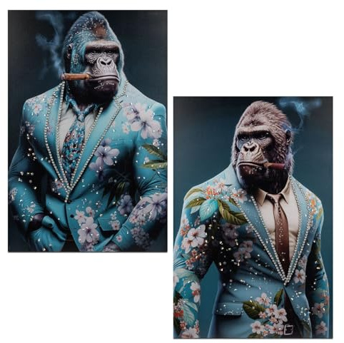 formano Wandbild Gorilla im Anzug 2er Set - 60x90cm mit glänzenden Acryl-Steinen - Moderne Leinwand Wanddekoration für Wohnzimmer Geschenkidee - Affen Tierfiguren