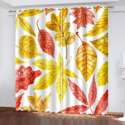 Lirzxin Vorhänge Lichtundurchlässig 229 cm Lang, Gardinen Abdunkelnd mit Ösen 2er Set Rot Gelb Herbstlaub Muster Vorhang für Wohnzimmer Schlafzimmer Kinderzimmer Jugendzimmer, 244x229 cm(BxH)