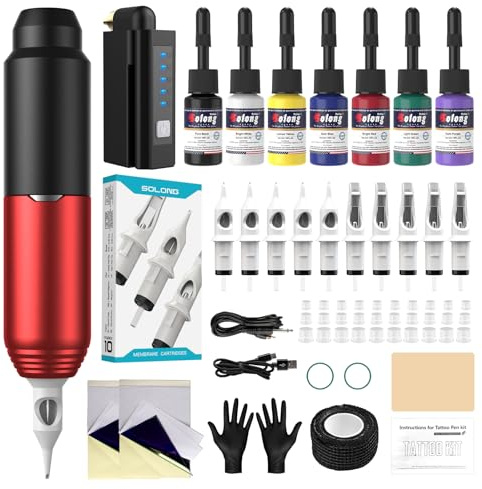 Kit de Máquina de Tatuar Solong Incluye 10 Cartuchos de Agujas, 7 Botellas de Tinta y Fuente de Alimentación de 1500mAh Ideal para Principiantes y Tatuadores Profesionales SLP51KITEU-2