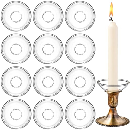 Elsjoy 12 Pack Glass Candle Bobeches, Candle Drip Protectors for Candlestick Holder, Round Clear Candles Wax Catcher for Wedding, Church, Home