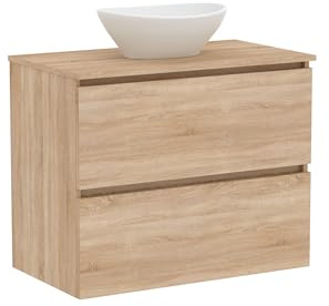 Baikal Mueble de Baño Klay. Mueble MONTADO. 2 Cajones Suspendido con Lavabo sobre Encimera. Armario de Baño. Lavabo Ceramico. 80cm Bardolino.