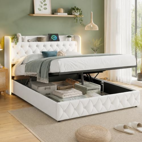KeepGoon Doppelbett 140 x 200CM, mit LED-Beleuchtung + USB-Steckdose, Luftdruckstange, Stauraumbett, Polsterbett mit Bettkasten, Samtstoff, Lattenrost, Beige, Ohne Matratze