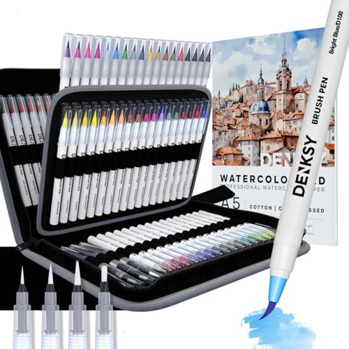DENKSY 72 Watercolor brush pens offer versatility – Watercolor Paint Pens Set with 72 Vibrant Flexible Brush Tip Markers and 4 Water Blending Brushes for Calligraphy, Drawing, Journaling, Coloring