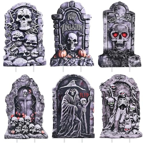 mobumeia 6 Stück Halloween Grabstein Friedhof Deko, Halloween Yard Signs Decor Simulation Halloween Grabstein mit Pfahl für Haunted House Garden, Yard, Halloween Yard Decorations