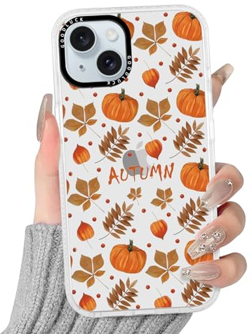 Kivlclri Herbst Halloween Handyhülle für iPhone 15 Hülle 6,1'', Aesthetic Autumn Fall Ahornblatt Kürbis Motiv Design Mädchen Geschenk Schutzhülle Stoßfest Transparent Silikon PC-Rückseite Bumper Case