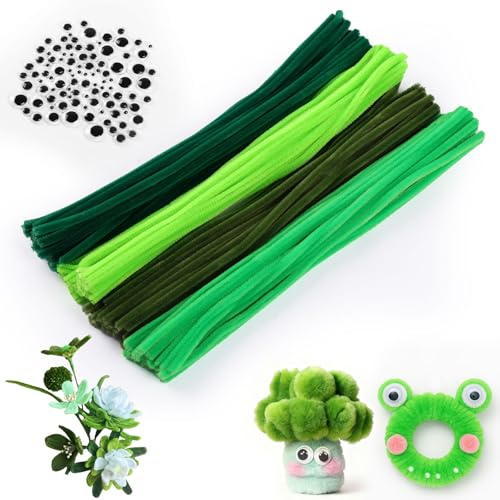 100Pcs Pfeifenreiniger,4 Verschiedene Grün Pfeifenputzer zum Basteln | 6mm x 30cm Pipe Cleaner,Chenilledraht mit 100 Selbstklebende Wackelaugen für Kreative DIY-Projekte