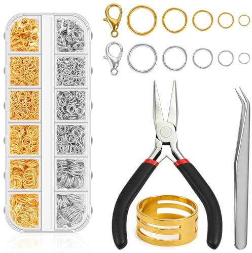 1220 Stück Biegeringe Edelstahl Verschlüsse,Biegeringe Schmuck Selber Machen Set für DIY Kettenglieder Armbänder Halsketten, Jewelry Making Kit mit Jump Rings Spaltringe Schmuckzange Pinzette