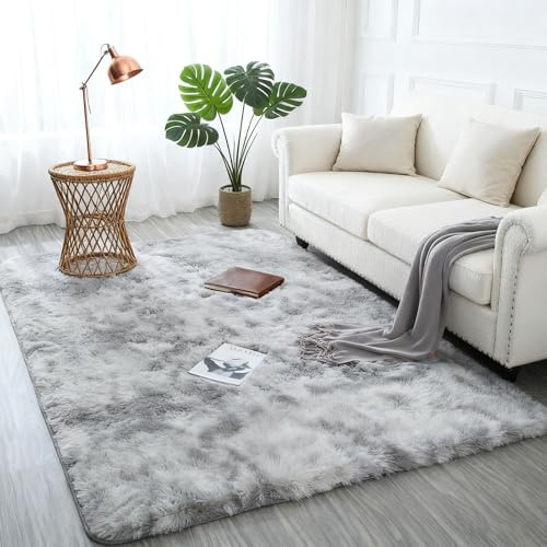 LIHUANE Hochflor Flauschig Teppich 90 x 90 cm Maschinenwaschbar Flauschiger Hochflor Teppich Pflegeleicht Und Robust für Schlafzimmer Kinderzimmer, Hellgrau