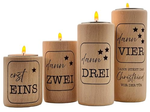 Advent Teelichthalter aus Holz nachhaltig 4er Set rund 6/8 / 10/12 cm – graviert mit „erst 1 – dann 2 – dann 3 – dann 4 – Dann Steht das Christkind vor der Tür“ – Tischdekoration Weihnachten