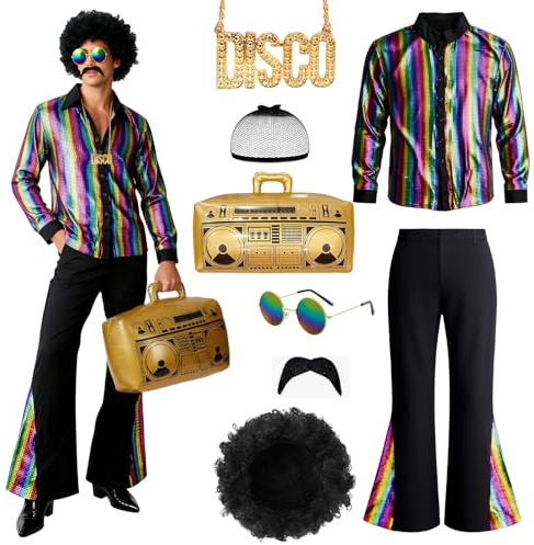 Sumvvur 70er Jahre Disco Kostüm Komplettset für Herren, Inklusive Hemd, Schlaghose, Perücke, Sonnenbrille & Schnurrbart, Authentisches 70s Hippie Outfit für Karneval, Mottoparty, und Cosplay (XXL)