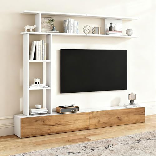Aceinheu TV Wohnwand-Set 180x35x22 cm – TV-Board, Vertikales & Horizontales Regal, Freistehend & Hängend, TV bis 80 Zoll, Gedämpfte Scharniere, Mediawand für Kleine Wohnzimmer, (Weiß)