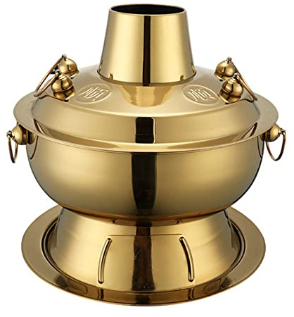 VNsdSD Chinesischer traditioneller Hotpot, Vintage Kupfer Shabu Hot Pot Pfanne, Edelstahl Holzkohle Herd Chinesisch(Gold,34cm)