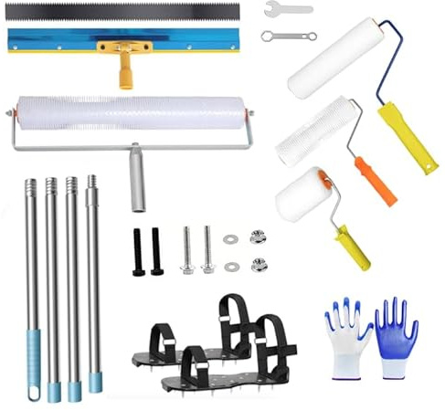 Kit d'outils de revêtement de sol pour sols autonivelants, avec manche télescopique de 160 cm, grattoir de sol, rouleau à points, chaussures à pointons, 1 paire de gants, masse de nivellement