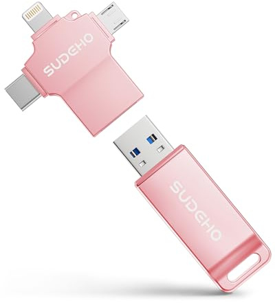 Chiavetta USB da 256 GB certificata MFi per iPhone, 4 in 1, memoria esterna per backup di immagini e video, ad alta velocità, per iPhone/iPad/Android/PC (rosa rosa)