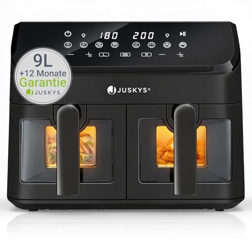 Juskys® Airfryer 9 L Doppelkammer - Heißluftfritteuse doppel, 2 Kammern, 9 Programme, beschichtet, XXL Fritteuse