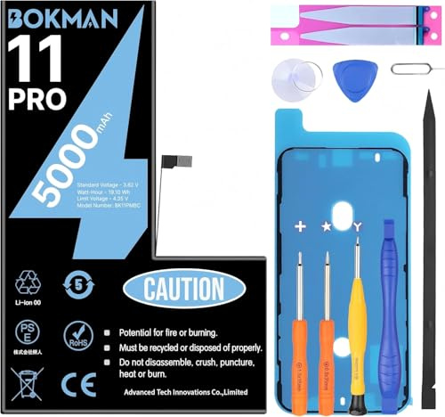 bokman Battery Replacement for iPhone 11 Pro 5000mAh, High Capacity Lithium Polymer Battery with All Tool Kits