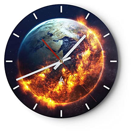 Modern Wanduhr Universum Erde Feuer Globus 30x30cm Rund Klein Wand Uhr Glas Analog Zimmeruhren Küche Büro Wohnzimmer Glasuhr Wall Clock Dekoration Design Wanddekoration Küchenuhr C3AR30x30-2875