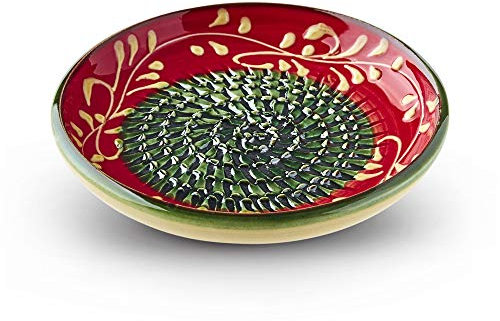 Garlic Grater Plate. (#Ref 7). Handmade and Hand Painted in Cordoba, Spain. Red Plate with Green Circle and Rim, Fern Pattern.