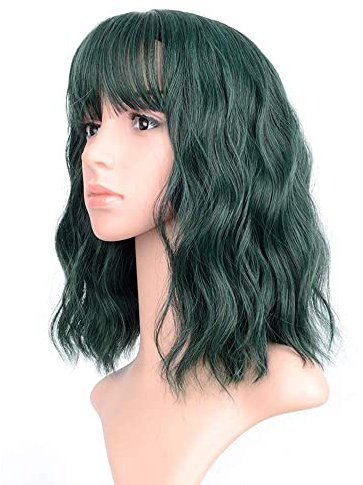 FAELBATY Wellige Perücke Kurze Bob Green Perücken mit Luftknallen Schulterlange Damenperücke Curly Wavy Synthetic Cosplay Perücke Grüne Bob Perücke für Mädchen Dark Geen Color Perücken