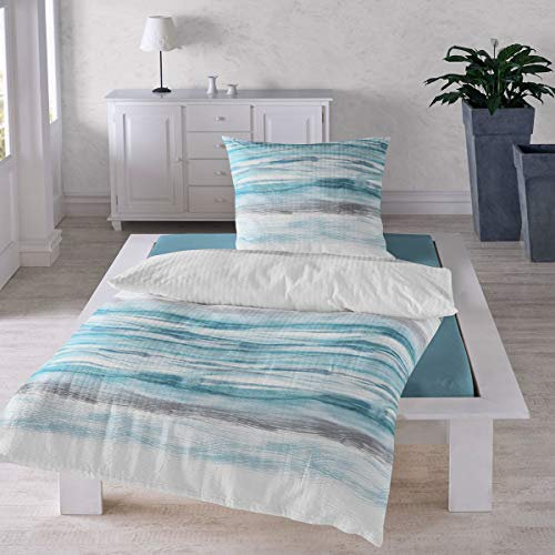 Traumschlaf Seersucker Bettwäsche Set •Bügelfrei• Erfrischendes Wellendesign luftig leichte Bettwäsche Sommer in türkis grau mit Reißverschluss • 200x200 cm + 2X 80x80 cm