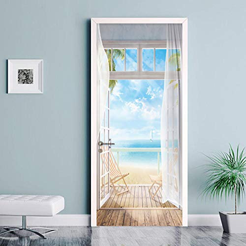 PVC Selbstklebende Wasserdichte Türaufkleber Moderne Seelandschaft Außen Wandbild Tapete Wohnzimmer Schlafzimmer Tür Poster 3D Wohnkultur 77 * 200 Cm