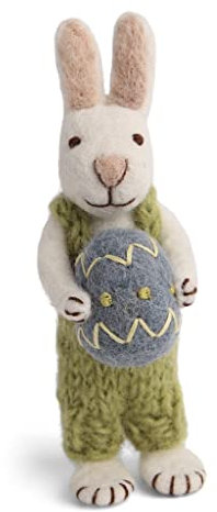 Én Gry & Sif handgefilzter Osterhase mit Ornament - Häschen - Anhänger aus Filz - Ostern-Deko - fair Trade Handmade (Weißer Hase mit blauem Ei)