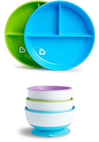 Munchkin Stay Put Copas con ventosa, paquete de 3, azul/verde/morado & Platos de ventosa divididos Stay Put, azul/verde, 2 Unidad (Paquete de 1)