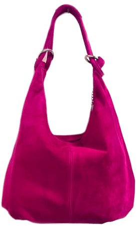 LeahWard Women's Large Soft Genuine Suede Leather Shoulder Bag Italian Real Leather Handbag (Fuchsia)